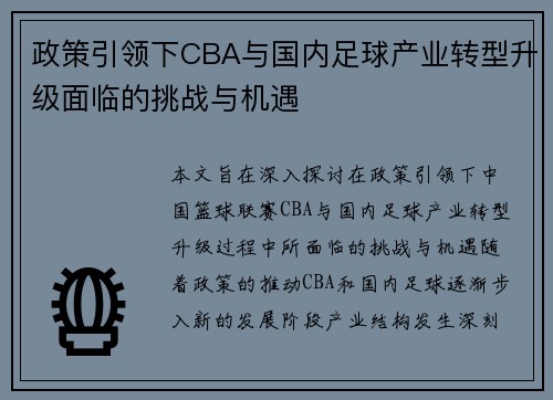 政策引领下CBA与国内足球产业转型升级面临的挑战与机遇
