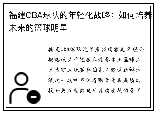 福建CBA球队的年轻化战略：如何培养未来的篮球明星