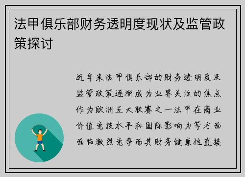 法甲俱乐部财务透明度现状及监管政策探讨